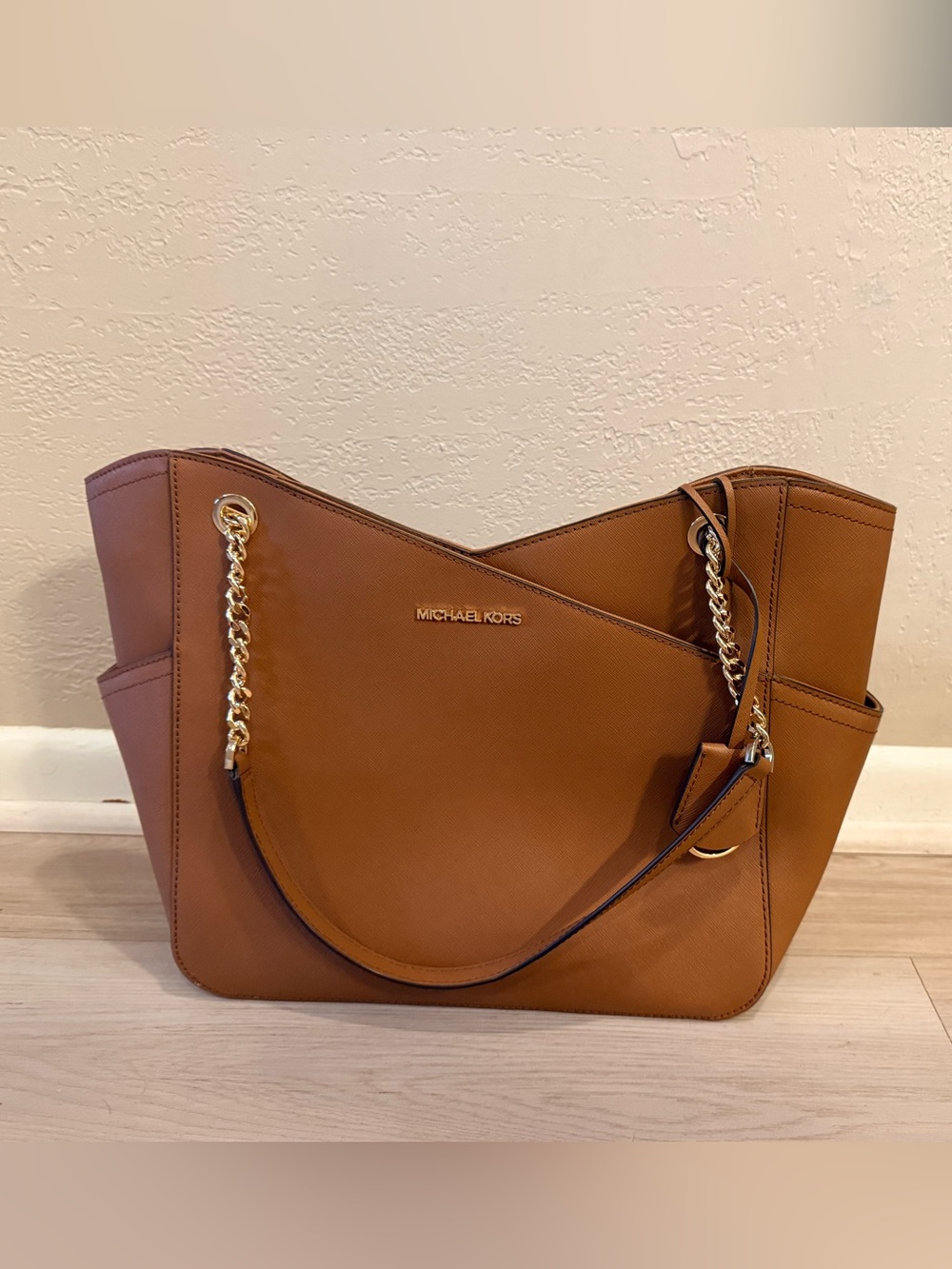 Michael Kors Cognac Leather Tote with Gold Chain Straps